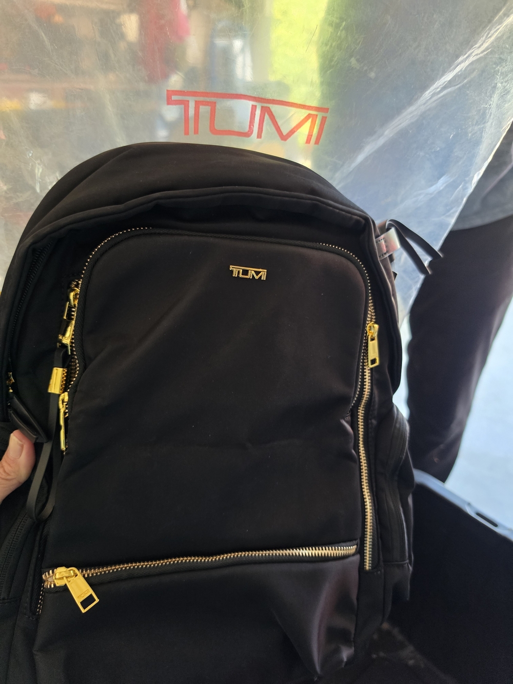 TUMI Black Backpack with Gold Hardware Travel Bag NWT